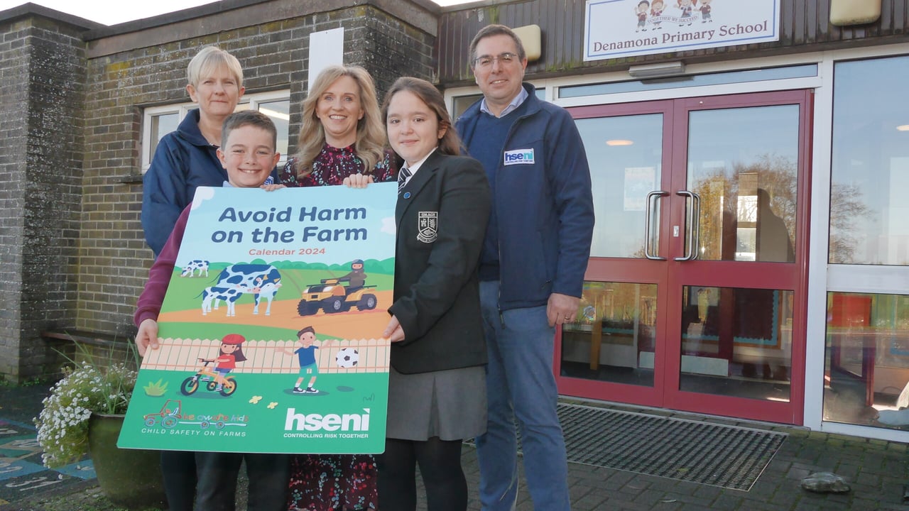 Pictured at the launch of the ‘Avoid Harm on the Farm’ 2024 child safety calendar (l-r): Deirdre Goan, HSENI; Taylor Kelly; Janet Burke, (principal); Hollie Gibson, (all Denamona PS); and Robert Kidd, HSENI CEO