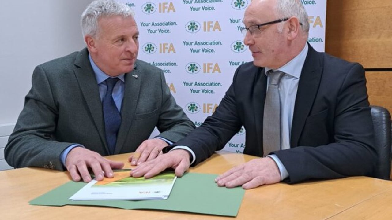 Newly appointed chair of the Irish Farmers’ Association (IFA) National Environment Committee, John Murphy, with outgoing chair, Paul O'Brien Source: IFA via X