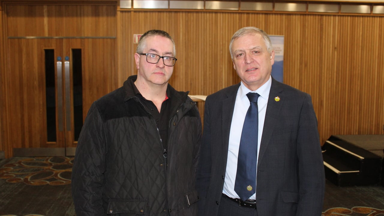 Chatting at the 2024 Co. Down UFU president's area meeting, David McCracken, Banbridge and William Irvine, UFU deputy president