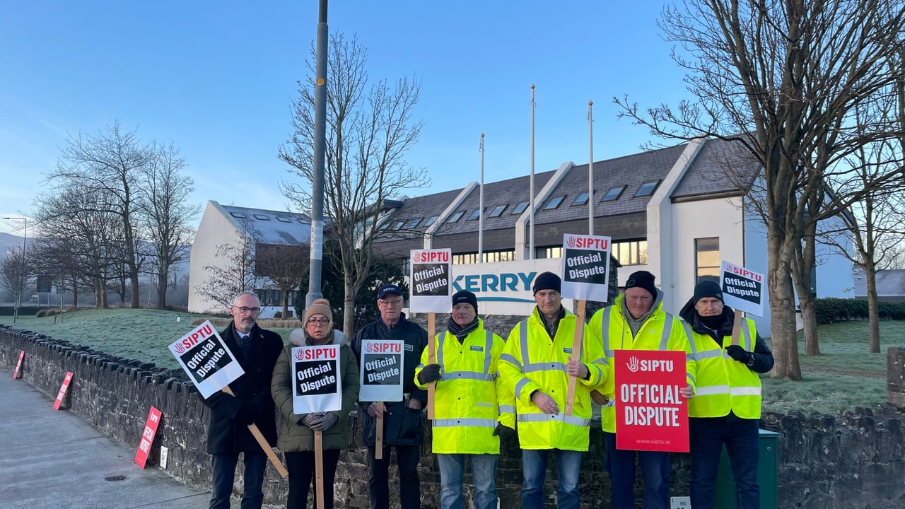 Con Casey, SIPTU, Sharon Ryan, SIPTU along with Kerry Agribusiness drivers Seamus Cronin, Eddie Fitzgerald, Donie Foley, John O'Connor and Sean Kerin on the picket line outside Kerry Group headquarters in Tralee