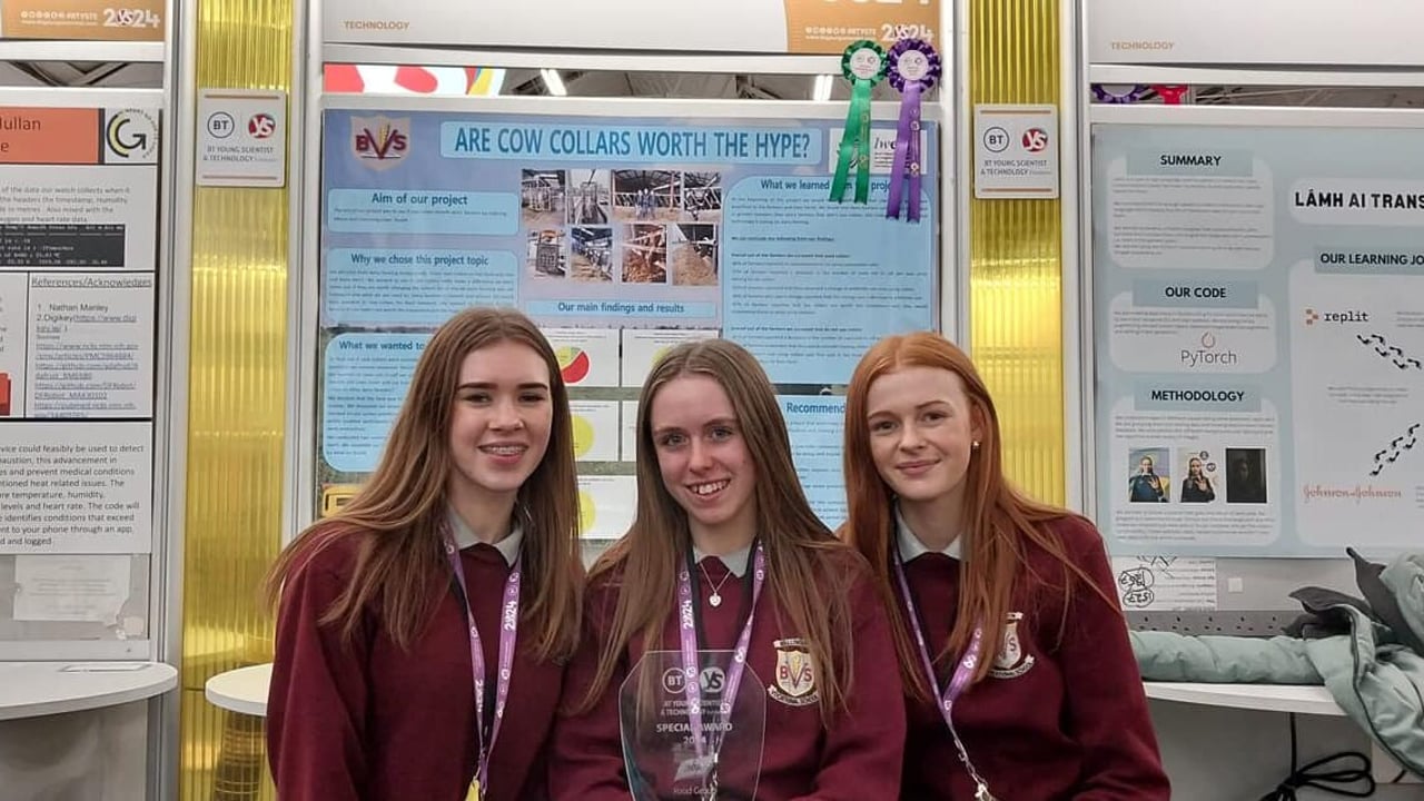 Grace Cassells, Keira Hopkins, and Lára Flood at the 2024 BT Young Scientist and Technology Exhibition. Source: Ballymahon Vocational School, Facebook