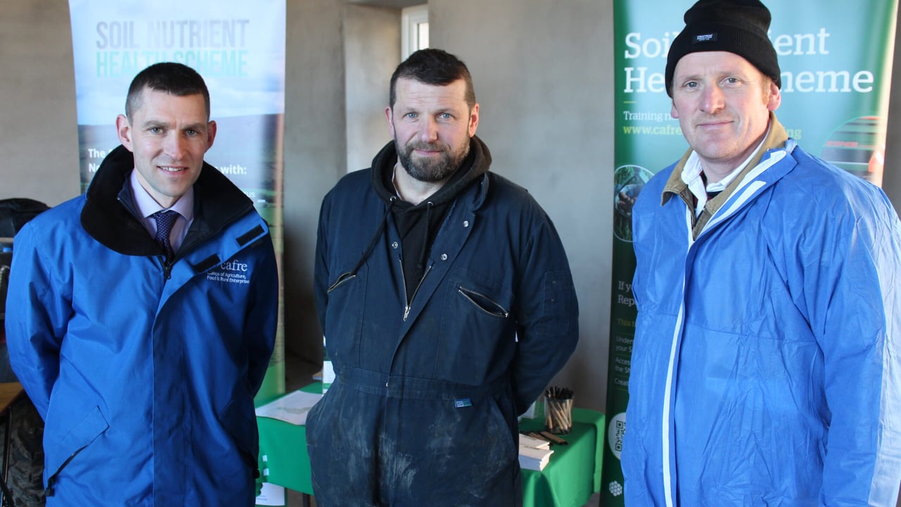 Attending the recent CAFRE slurry management event in Banbridge (l-r): Mark Scott, CAFRE; Ian McClelland, host; and Gregg Sommerville, Dromara