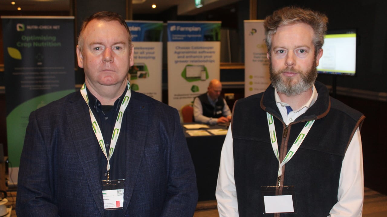 Irish Grain Growers' Group chair, Bobby Miller (left) and secretary, Clive Carter, attending the 2024 Teagasc National Tillage Conference 
