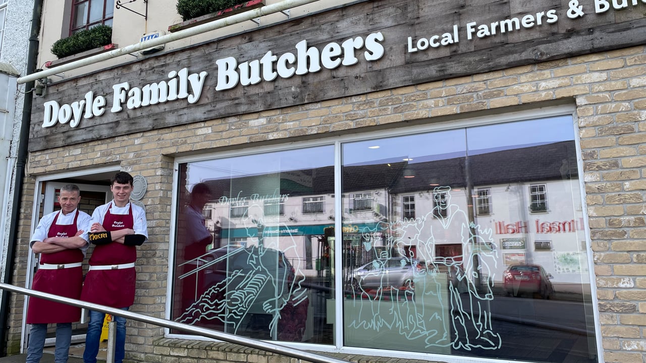 Myles Doyle and his son Stephen pictured outside their family butcher shop in Dunlavin, Co. Wicklow