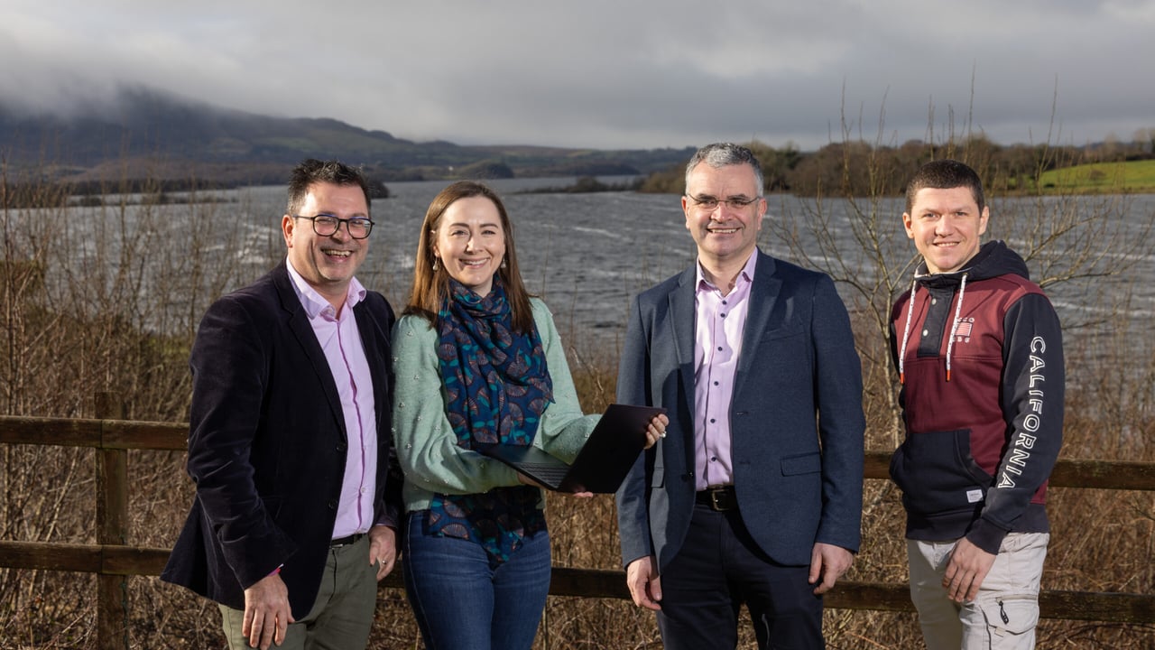 L-r: Kieran McCorry, national technology officer, Microsoft Ireland; Sandra Hennigan; Minister of State for Trade Promotion, Digital and Company Regulation, Dara Calleary;  and Oleksandr Krasnozhenov (Sasha); at a Connected Hub in Knockmore in north Mayo. Image source: Naoise Culhane
