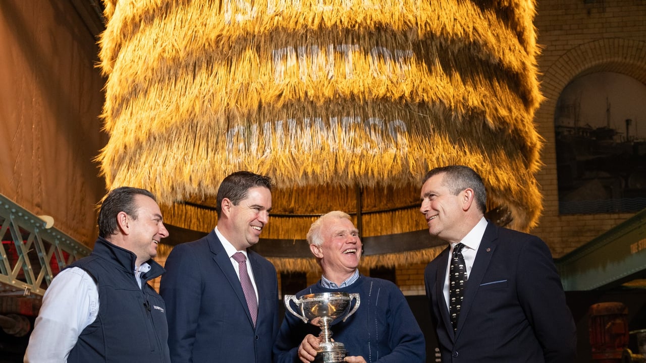 Attending the 2024 Diageo / Boortmalt Malting Barley Awards. l to r: Peter Nallen, Boortmalt; Martin Heyden, MInister of State, DAFM; John Lancaster, Irish Malting Barley Excellence overall award winner and Aidan Crowe, Diageo