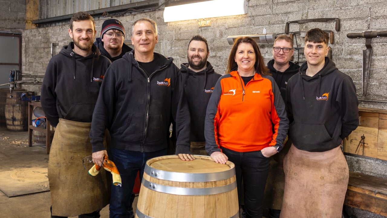 L-R: Eoin Mangan, lead cooper; Dylan Coyne, general operative; Paul Caris, co-founder/CEO; Darren Leonard, master and head cooper; Annette Kearney, co-founder/MD; Henry McDonnell, apprentice cooper; Joshua Davidson, apprentice cooper, all from Dair Nua Cooperage.