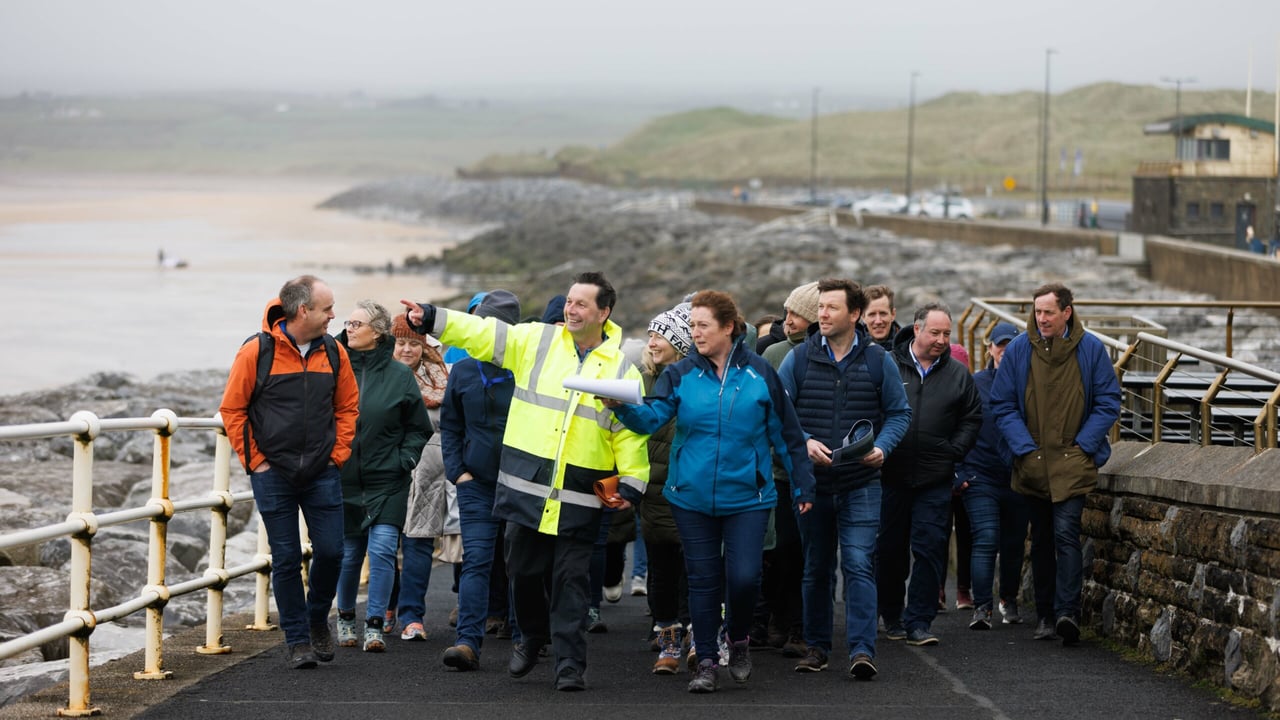 The launch gathered participants at upgraded coastal defences at Lahinch, Co. Clare Source: Eamon Ward via Department of the Environment, Climate and Communications