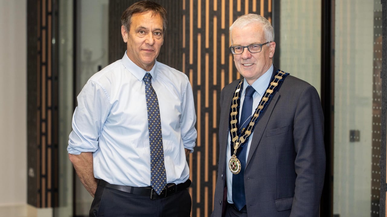 Ulster Bank's head of agriculture, Cormac McKervey (left) with RUAS president, John Henning at the launch of the Balmoral Show in Northern Ireland