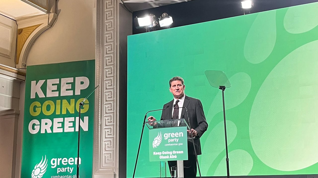 Green Party leader Eamon Ryan addressing the party conference. Image Source: Green Party on X/Twitter