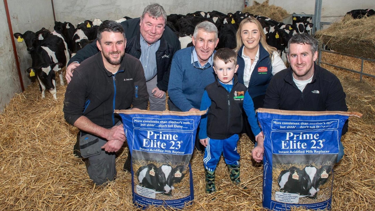 L-r: James Mulcahy; David Whyte, Volac; Jim Mulcahy; PJ (Pat's son); Aoife Bergin, Dairygold; and Pat Mulcahy