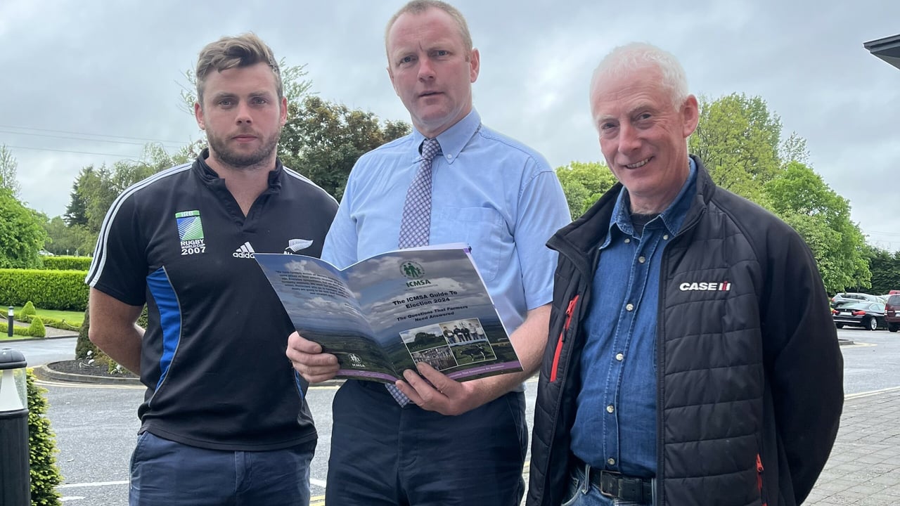 Owen Treacy, Portumna; Denis Drennan, ICMSA president; Ned Buckley, Upperchurch, Co. Tipperary at the launch of the 'ICMSA Guide to Election 2024' in Limerick