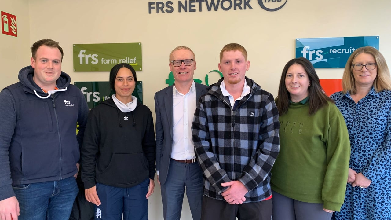 NZDC/FRS Farm Work Exchange participants from New Zealand being welcomed to Ireland at the FRS Network’s Head Office, Derryvale, Roscrea, Co. Tipperary. L-r: Niall Dervan, FRS Farm Relief; Oceania O’Brien, NZ Exchange farm worker; Colin Donnery, Group CEO, FRS Network; Simon Henderson, NZ exchange farm worker; Geraldine Sutcliffe; Helen Sheedy, FRS Network