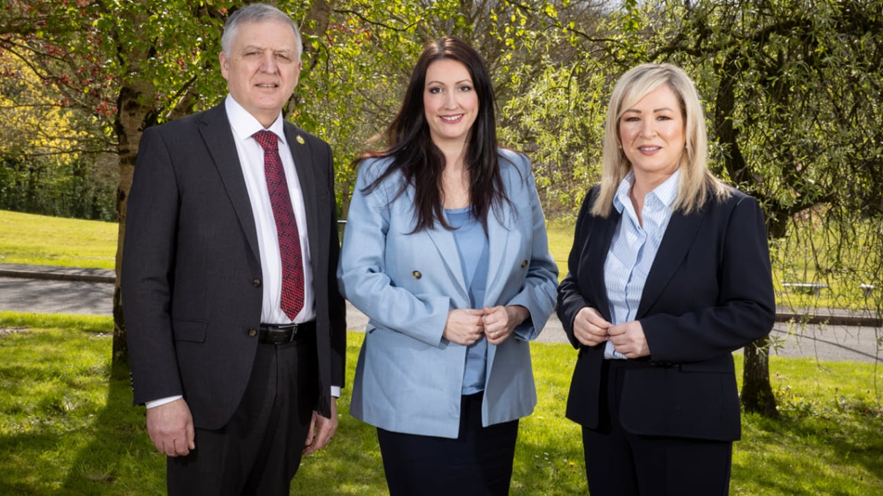(L-R) UFU president William Irvine with Minister Emma Little-Pengelly and First Minister Michelle O’Neil Source: UFU
