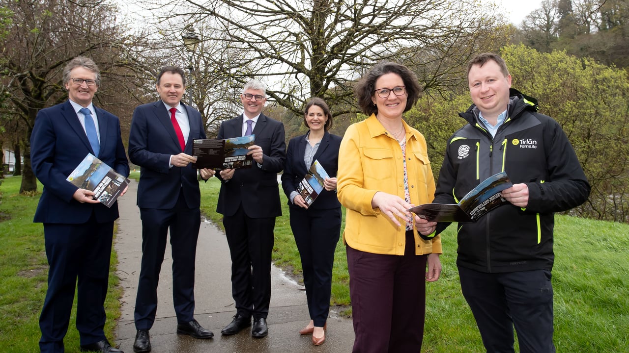 Pictured at the launch on the Slaney riverbank in Enniscorthy, Co. Wexford were L-R: John Murphy Tirlán chair; Charlie McConalogue Minister for Agriculture, Food and the Marine, Jim Bergin Tirlán CEO, Dr. Lisa Koep chief ESG officer Tirlán, Cheryl Poole Slaney catchment dairy farmer  and Mathew Moylan Tirlán sustainability advisor. Source: Mary Browne