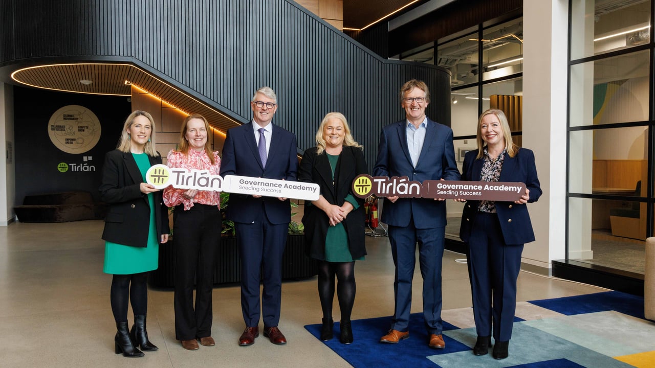Pictured at Tirlán Collaboration Hub in Abbey Quarter Kilkenny are Amy Jane Troy, manager Food Industry Training Unit UCC; Olive McCarthy director of the Centre for Co-operative Studies at UCC; Brendan Hayes Tirlán Representative Structure Committee member; Jim Bergin CEO Tirlán; Anne Marie Doheny, Tirlán milk supplier; John Murphy chairperson, Tirlán; and Karen O’Brien, head of Talent Management Tirlán. Image source: Dylan Vaughan