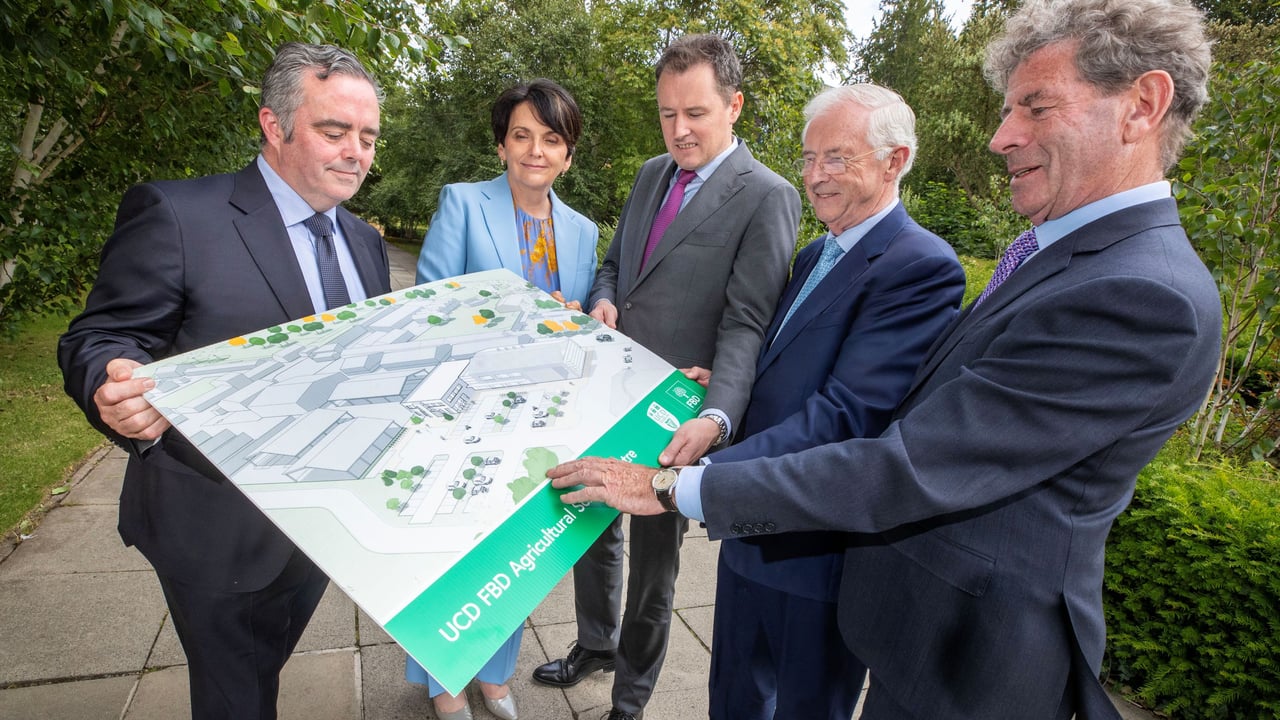 Minister for Agriculture, Food and the Marine Charlie McConalogue with Liam Herlihy, FBD Group chair; Tomás Ó Midheach, FBD Group chief executive Officer; Professor Orla Feely, President of UCD and Michael Berkery, chair of FBD Trust CLG 