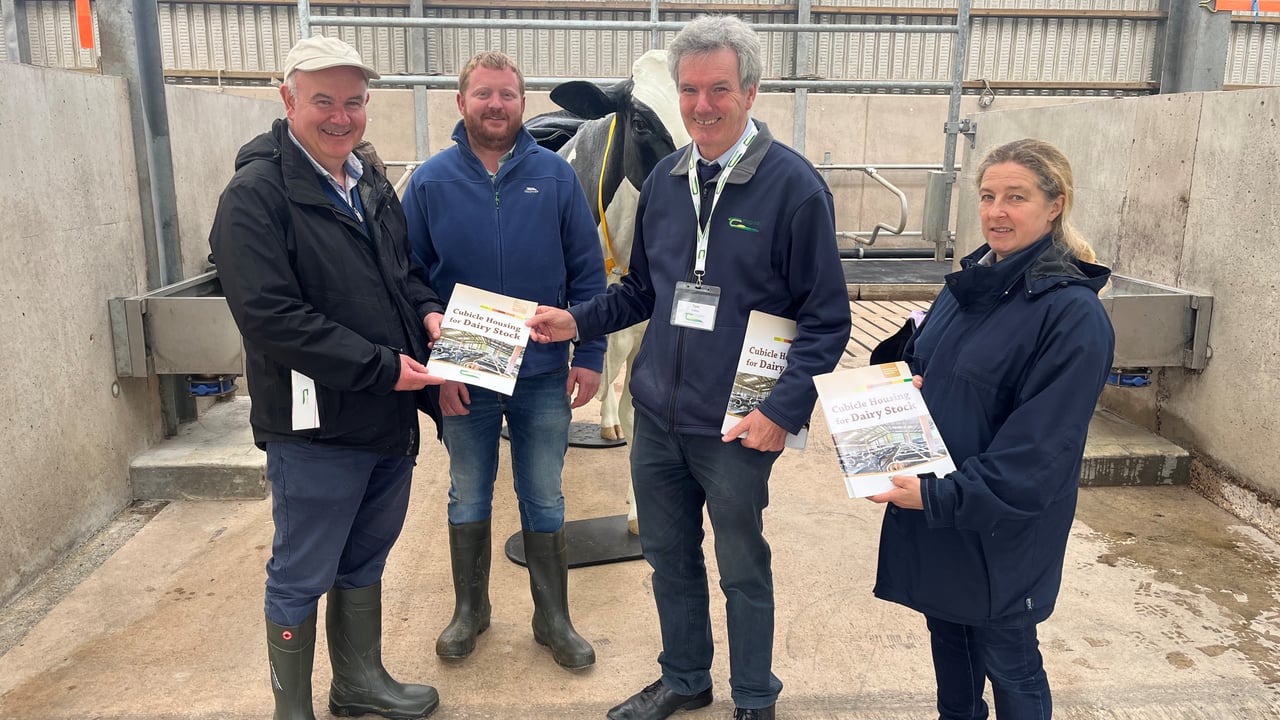 L-r: Patrick Kelly, Killygordon, Co. Donegal; Philip Robinson, St Johnston, Co. Donegal; Tom Fallon, Editor, Teagasc Kildalton College, and Jane Sayers, Omagh, Co. Tyrone at the launch of a Teagasc publication titled “Cubicle Housing for Dairy Stock” at a recent Open Day in Ballyhaise Agricultural College