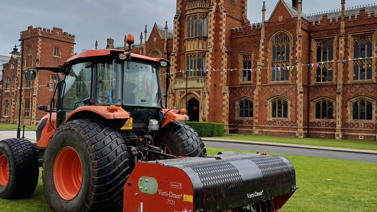 The new Verti-Drain 7521  aerator, parked at the front of Queen's University Belfast