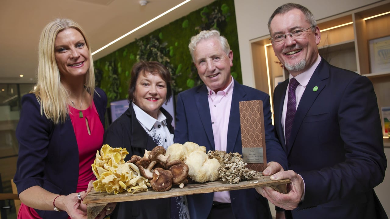 Minister of State, Pippa Hackett with Joe and Dolores Gorman, Garryhinch Wood Exotic Mushrooms, with Jim O’Toole, CEO Bord Bia at Bord Bia’s National Organic Awards which took place today at an awards ceremony this morning in the Bord Bia Global Hub, Dublin. Garryhinch Wood Exotic Mushrooms was announced as the winner of the Best New and Innovative Irish Organic Product. Image source: Chris Bellew / Fennell Photography