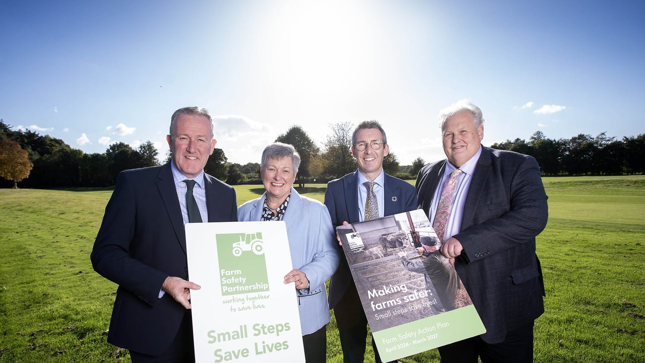 L-R: Northern Ireland Economy Minister Conor Murphy, HSENI chair Catherine Irwin MBE, Northern Ireland Agriculture Minister Andrew Muir, and Farm Safety Partnership chair Harry Sinclair, at the launch of the Farm Safety Partnership Action Plan 2024 – 2027