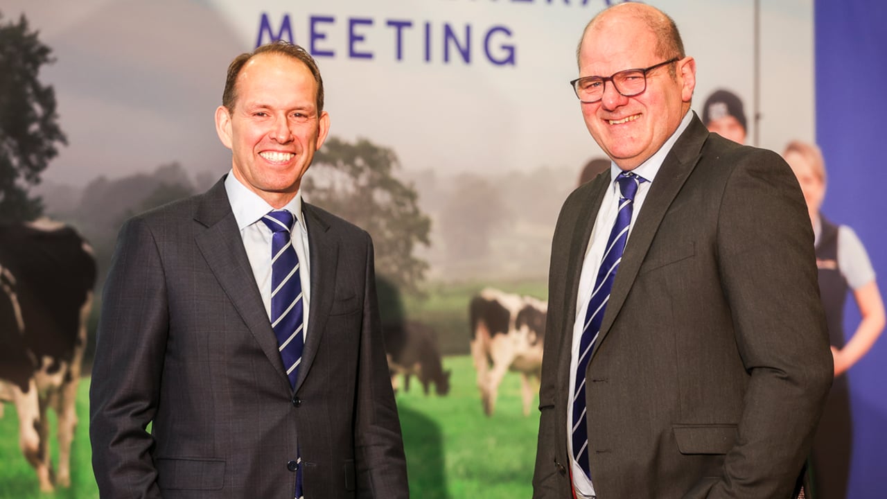 At the Dale Farm AGM (L-R) Nick Whelan, group chief executive with chair, Fred Allen, Source: Dale Farm