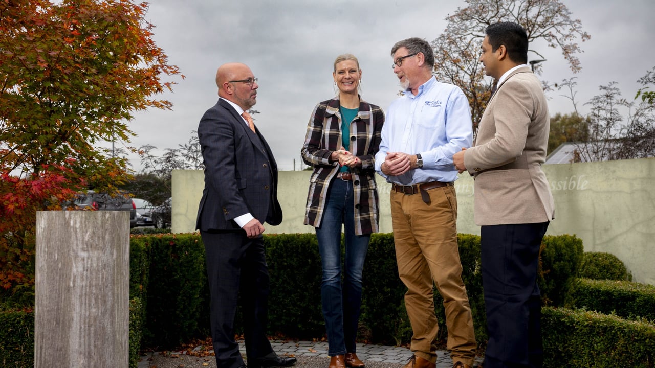 John Spink, Teagasc, with Pippa Hackett, Minister of State at the Department of Agriculture, Food and the Marine, Henry Shaw, DAERA and Dheeraj Rathore, research officer, Teagasc, at the launch of AshForFuture at Teagasc, Ashtown. Image source: John Ohle