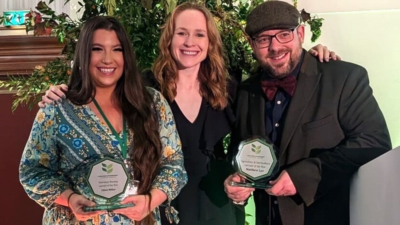 CAFRE veterinary nursing lecture, Claire Morris (centre), congratulating Chloe Millar and Matthew Lee on their achievement at the annual Land-based and Environment Learner (LBEL) Awards