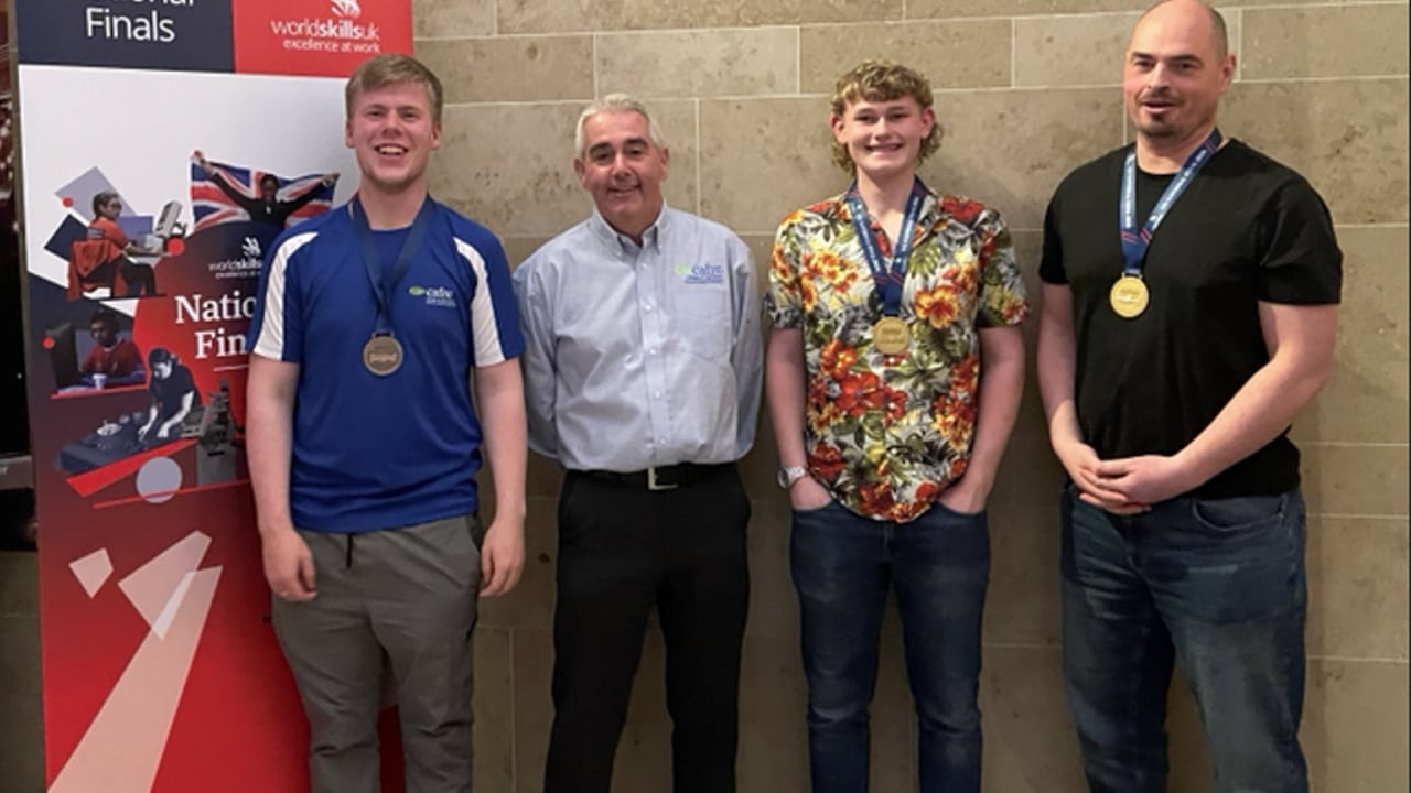Celebrating their Landscape Gardening success at the WorldSkills Ceremony are Luke Donald from Carrickfergus (Bronze Medal); Martin Wooster (CAFRE horticulture lecturer); and joint Gold Medal winners Harry Fitzsimmons from Portaferry and Alan Mayers