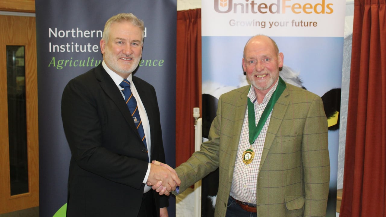 Northern Ireland Institute of Agricultural Science chairman, Jim Freeburn (right) welcomes Ai Services' chief executive, Larry Burke, to the 2024 Winter Fair breakfast