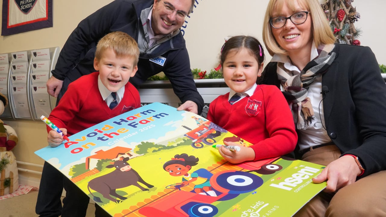 (L-R) Dastinas Grenda, Moneymore Primary School, Robert Kidd, HSENI chief executive, Rachael Batykova da Silva, Moneymore Primary School, and Ashley Cunningham, principal of Moneymore Primary School