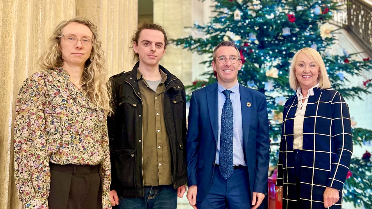 DAERA Minister Andrew Muir meets PhD student James Thompson, AFBI supervisor, Dr. Yvonne McElarney and DAERA postgraduate research manager, Karen Patterson to launch the 2025 DAERA Postgraduate Research Studentship Competition