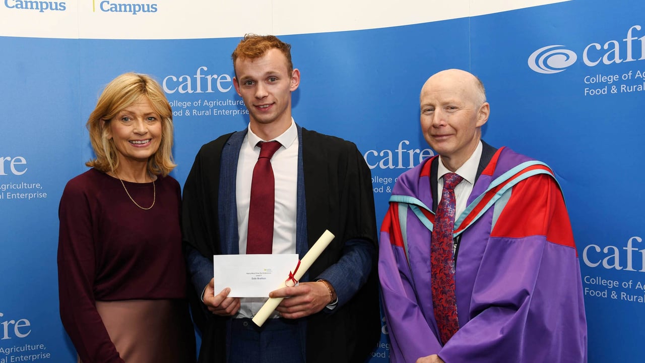 Dale Bratton from Lack was presented with the Harry West prize by Diana Armstong MLA, also pictured is Philip Holdsworth, senior lecturer, CAFRE