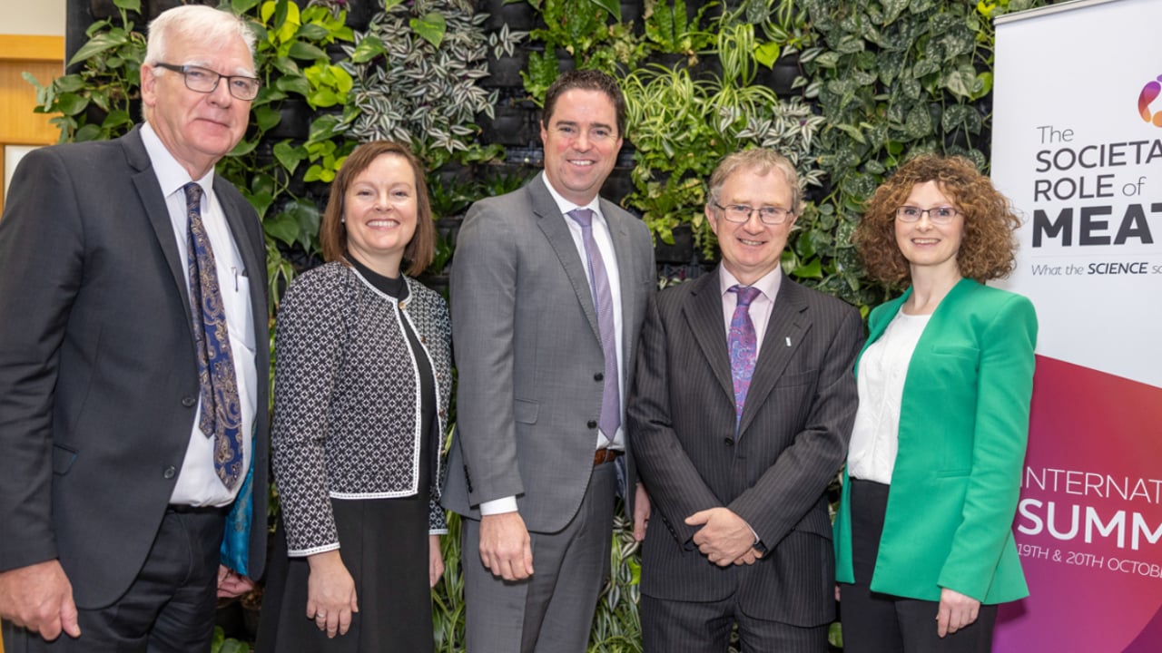 (L-R) Declan Troy and Kaye Burgess, Teagasc with Minister Martin Heydon, Professor Frank O Mara, and Ciara McDonagh also from Teagasc at the International Summit on the Societal Role of Meat in 2022 Source: Teagasc