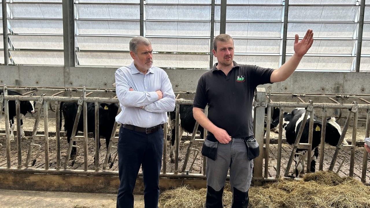 L-r: Stephen and David Cargill explaining their farm system in the weanling cubicle shed