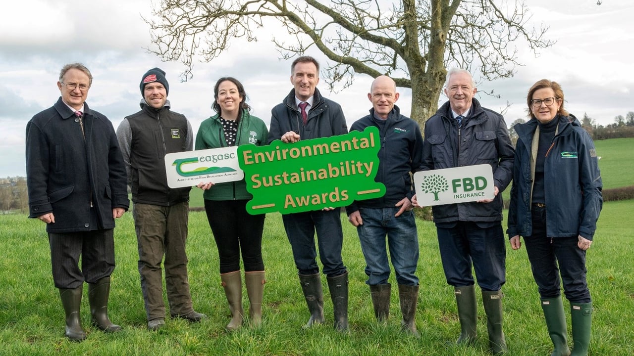 Pictured at the launch of the Teagasc/FBD Environmental Sustainability Awards 2025 were Prof. Frank O’Mara, Teagasc director; Brendan Walsh, 2024 winner; Mary Dunphy, FBD; Dr. Tom O’Dwyer, head of Signpost Programme; John Walsh, 2024 winner; Michael Berkery, chairman of FBD Trust and Siobhan Kavanagh, Teagasc