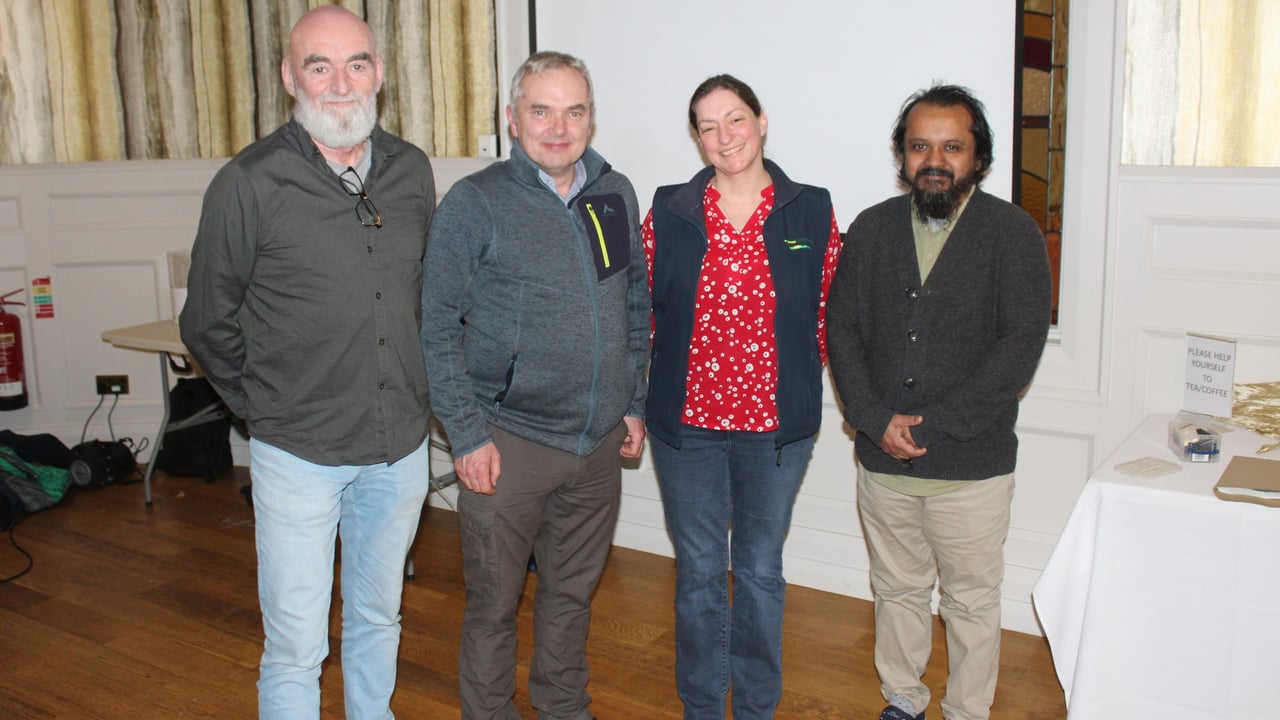 The speaker line-up for the recent crops meeting, held in Donegal, l-r: Teagasc's Martin McCullough, Shay Phelan, Veronica Nyhan, and Atikur Rahman