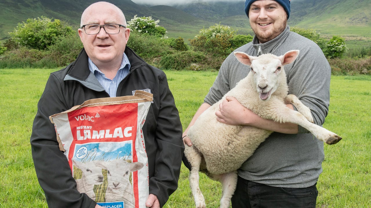 Liam Gannon, Business Manager, Volac Milk Replacers Ireland, with Waterford sheep farmer, Jamie Kiely