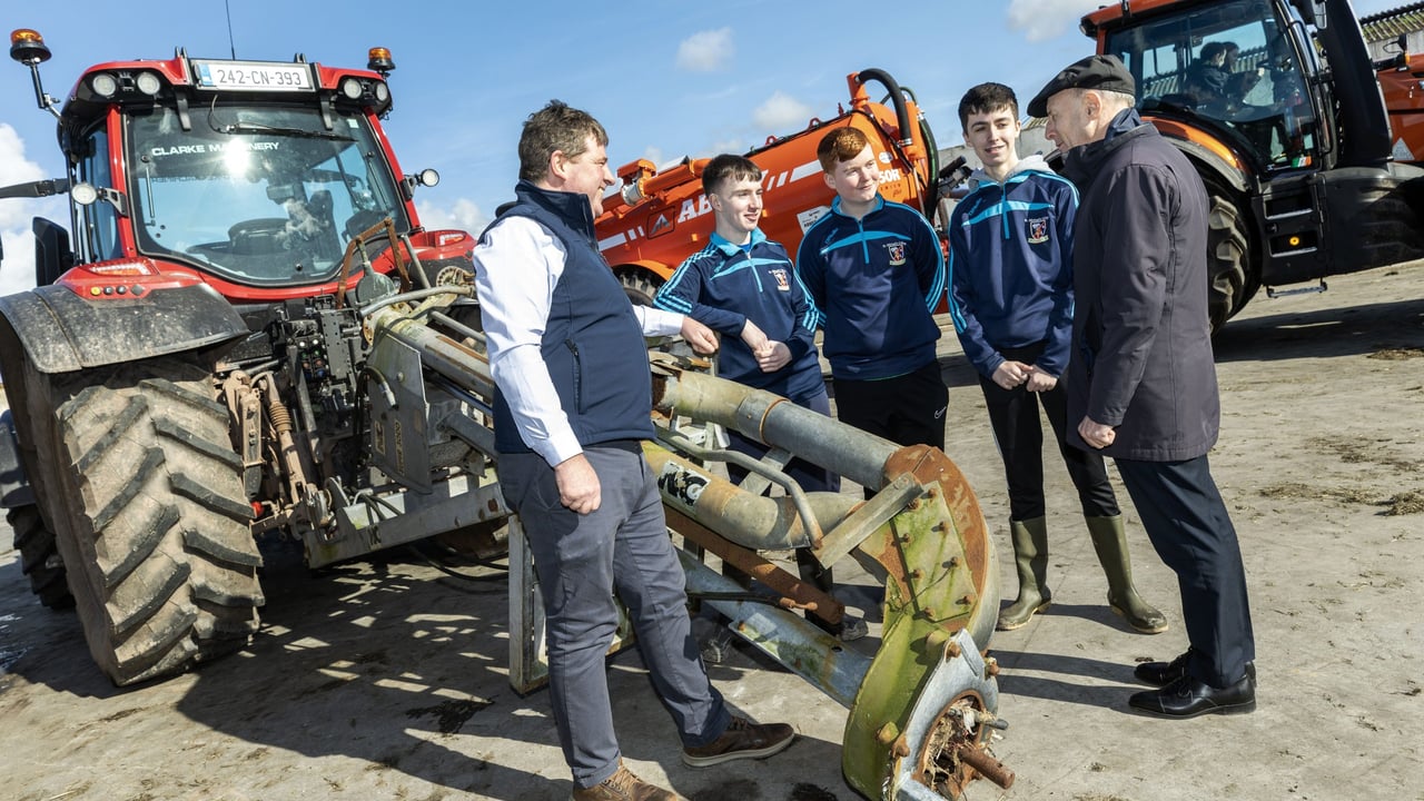 (L-R) Shay Galvin, chair Agri Aware, Gavin Joy, Eoin Quilter and Eoghan O'Regan, St Michael's College Listowel Co. Kerry, winners of the Agri Aware Farm Safety First programme and Minister of State at the Department of Agriculture, Food and the Marine, Michael Healy-Rae. Image: Finbarr O'Rourke