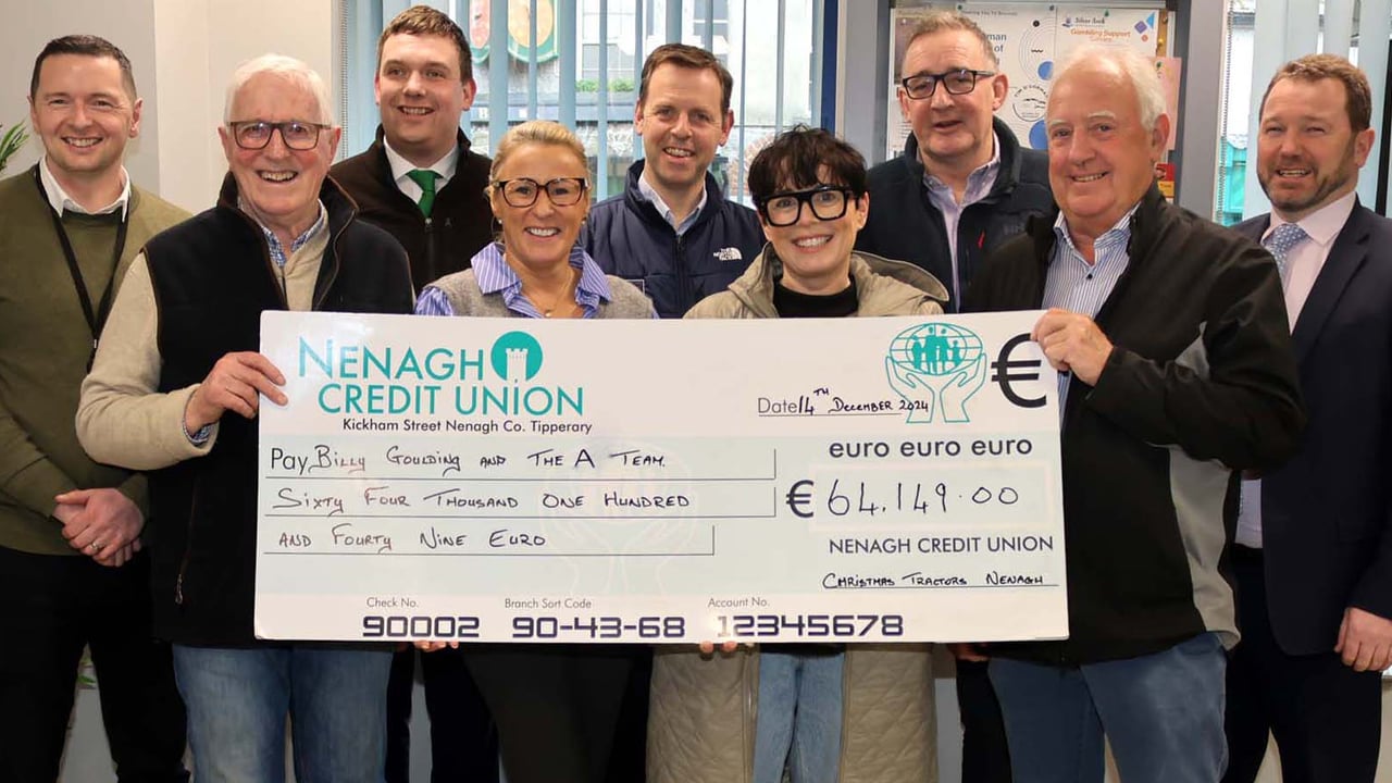 Overall sum €64,149 was raised for Christmas Tractors Nenagh 2024 which was announced at a meeting at Nenagh Credit Union recently. L-r: Gerard Sheehy; Oliver Kennedy; William Dunne; Eileen Goulding; William Talbot; Deirdre Keller; Albert Purcell; Robert Gill and Pat Naughton. Image source: Bridget Delaney