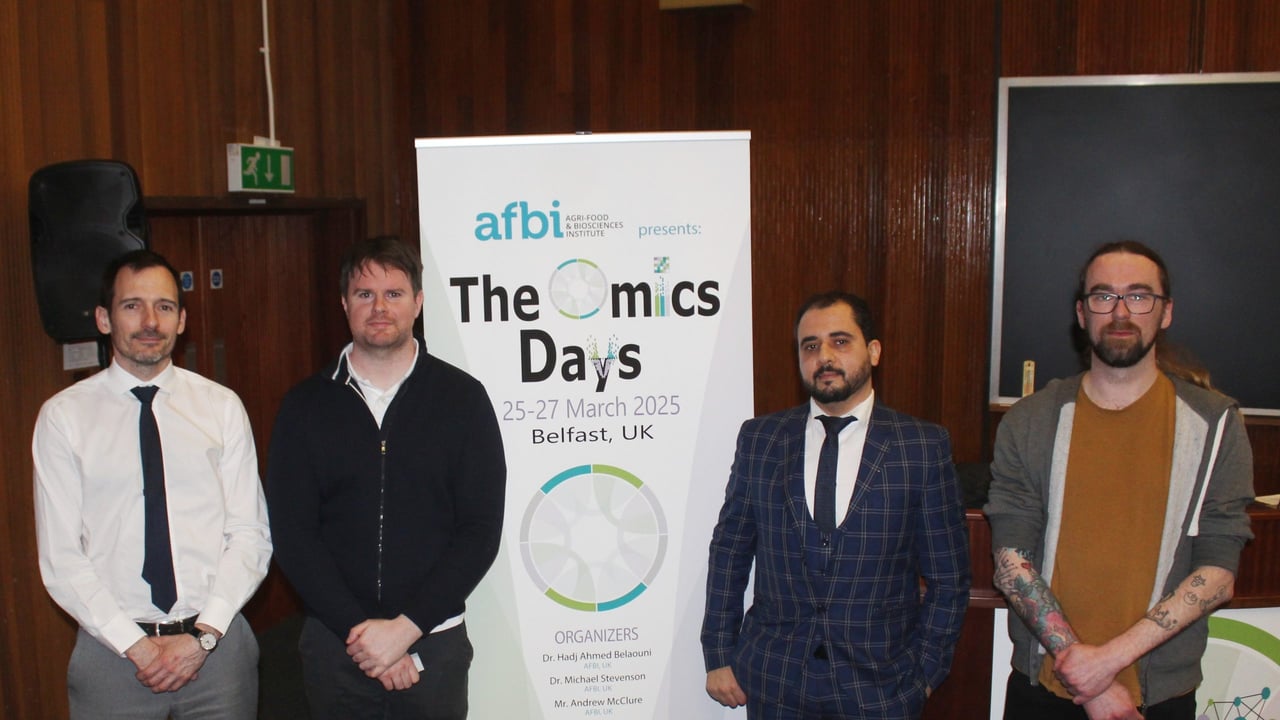 Attending the recent Omics' conference, hosted by AFBI in Belfast, l to r :  Richard O'Hanlon, DAFM; Neil Warnock, AFBI; Hadj Ahmed Belaouni, AFBI; and Ryan Devaney, AFBI