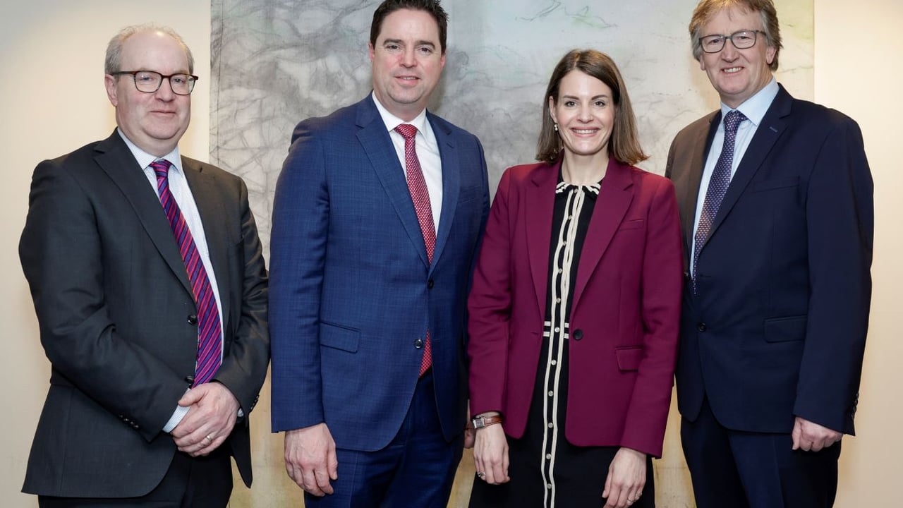 L-r: Seán Molloy, CEO Tirlán; Martin Heydon, Minister for Agriculture, Food and the Marine; Lisa Koep, chief ESG officer Tirlán; John Murphy, chairperson Tirlán. Image source: Conor Ó'Mearáin