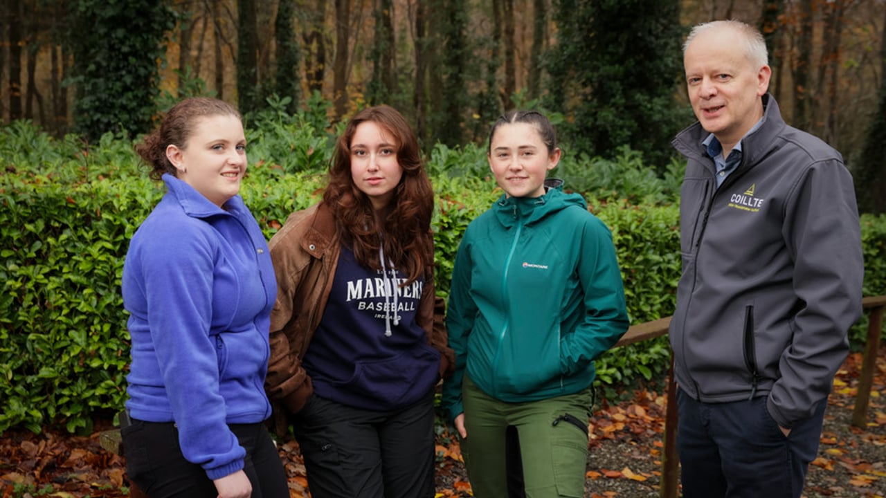 Coillte Forestry Scholarship Programme inaugural scholars Áine O'Dwyer, Mia Sibbald, and Alex Power with Mark Carlin, Coillte forestry division Image: Naoise Culhane 