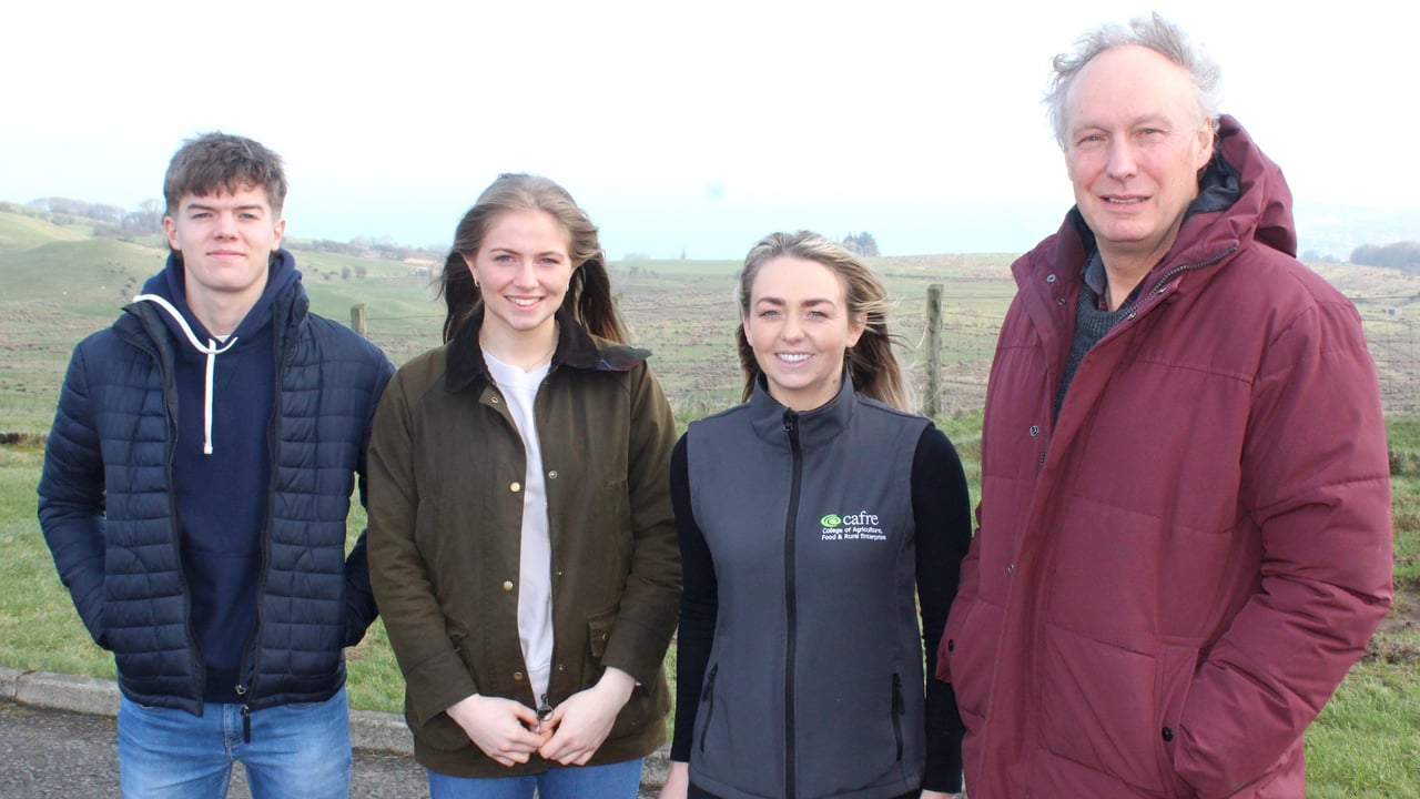 EasyCare flock owner, Campbell Tweed, recently hosted a visiting group of CAFRE/Queen's University agricultural technology students to his Co Antrim farm. The visiting group included, l to r: Carrie Smith, CAFRE lecturer, and students: James Reid and Isla Haffey