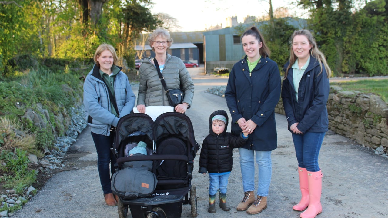 Enjoying the recent crop walk at Richardstown, Co. Louth, (l-r): Cliona McGuinness, Joan McGuinness, Lochlainn McGuinness (2yo), Orla Hoey and Helen McCann. Meanwhile, 7-month-old Turlough McGuinness decided to take a quick nap in his pram.
All are members and friends of the McGuinness family, who hosted the farm walk 
