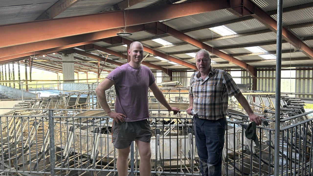 Enda and Henry Walsh overlooking their 50 point rotary parlour