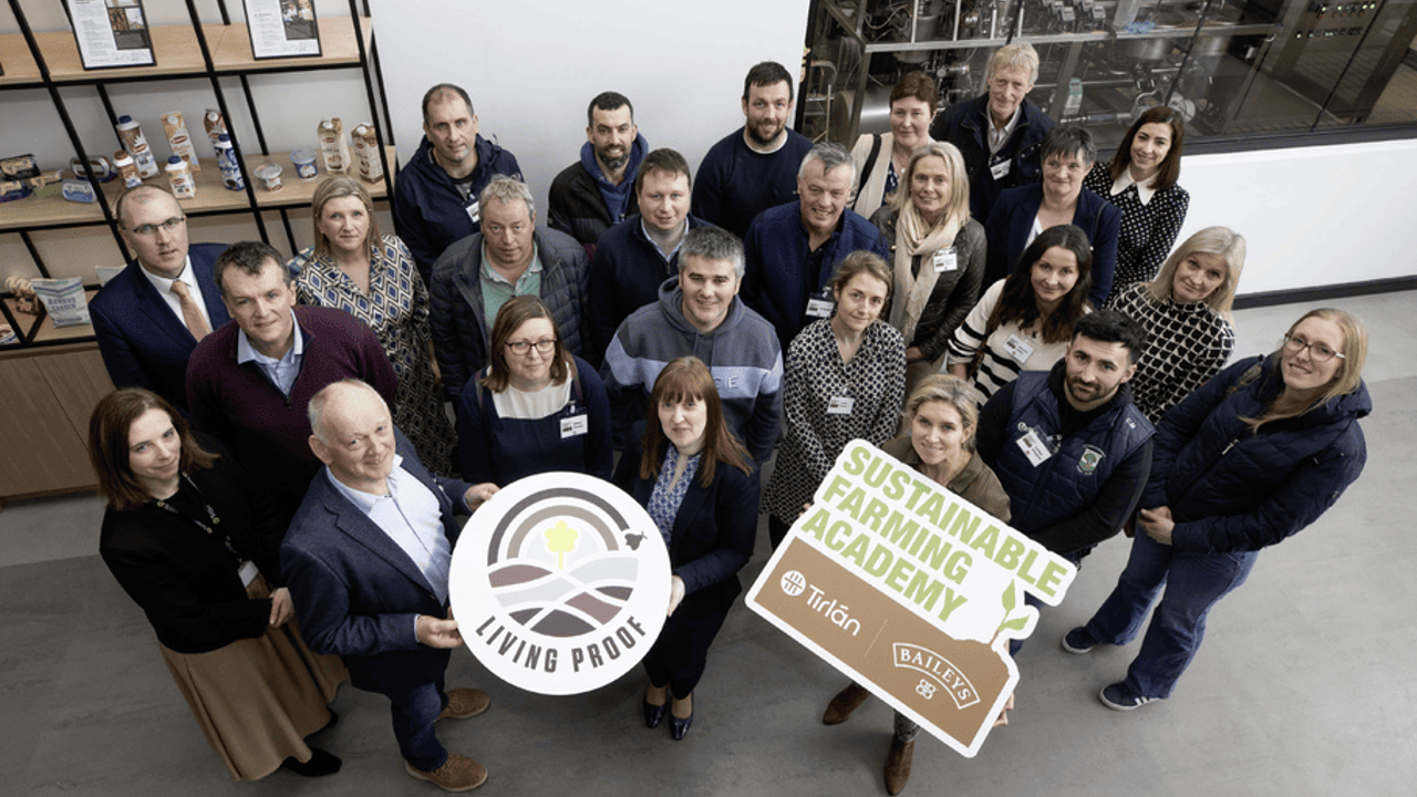 Sustainable Farming Academy students, Tirlán and Baileys representatives pictured in the Tirlán Innovation Centre in Ballyragget, Co Kilkenny. 