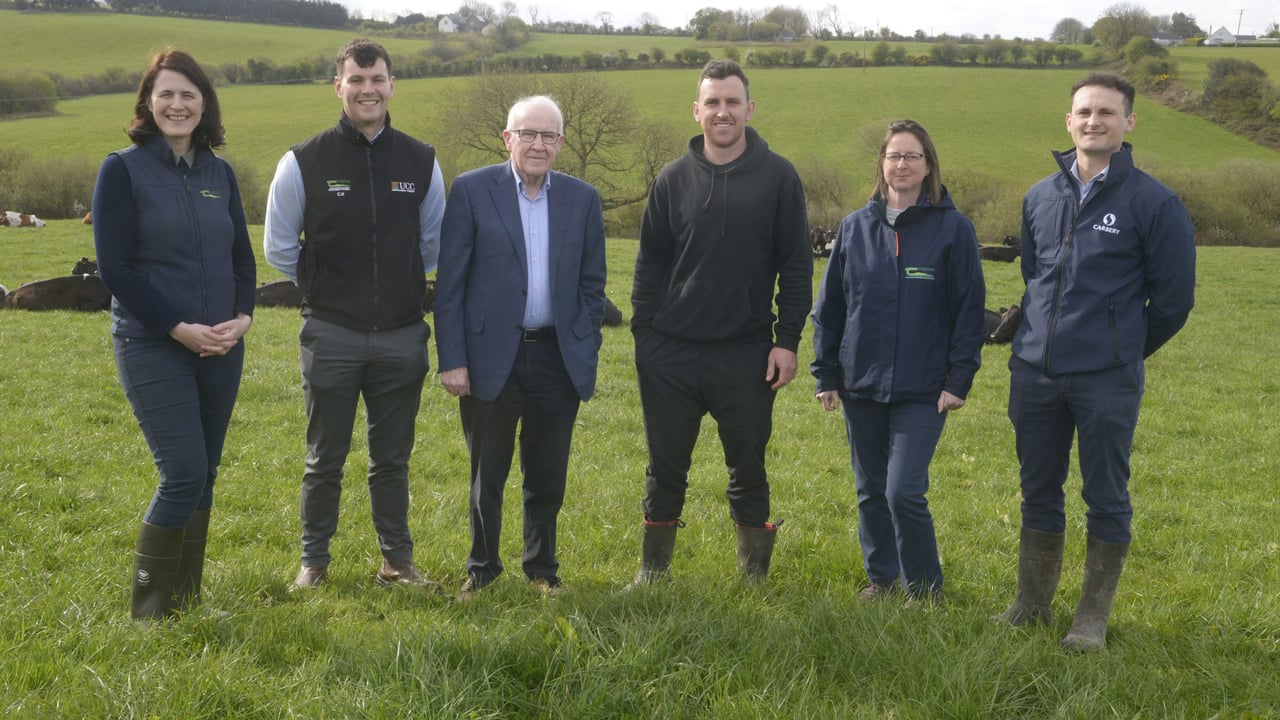 Pictured (l-r): Grainne Hurley, Teagasc West Cork; Conor Hogan, Teagasc Moorepark; Guss O'Brien, Shinagh estates; Kerry Desmond, share farmer; Ruth Fennell, Teagasc; and Darragh O'Donovan, Carbery. Photo by Denis Boyle