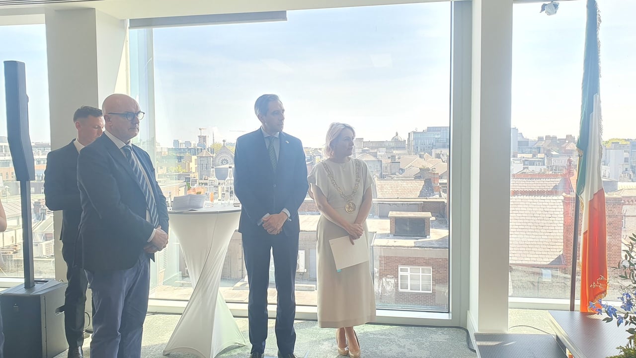 Tanaiste Simon Harris with head of the European Commission Representation in Ireland, Peter Power (left) and Lord Mayor of Dublin Emma Blaine at the Europe Day 2025 Reception in Dublin 