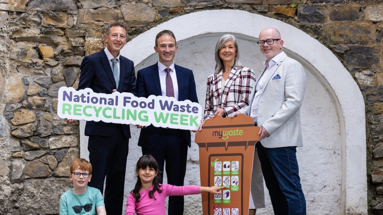 James Lynskey and Rachel Hughes, both aged 7 and from Dublin, pictured with (L-R) Tony Brehon. CEO. Cré Composting and Anaerobic Digestion Association of Ireland; Minister of State at the Department of the Environment, Climate and Communications with responsibility for Circular Economy, Alan Dillon; Pauline McDonogh, resource efficiency officer at MyWaste; and Hugh Coughlan, regional co-ordinator, Eastern-Midlands Region Waste Management Planning Office